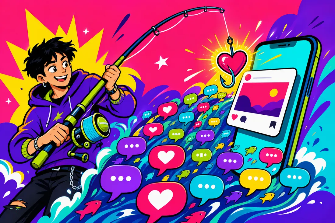 Illustration d'un jeune tenant une canne à pêche géante devant son téléphone, un hameçon en forme de cœur suspendu au-dessus d'un post flottant, attirant vers lui des dizaines de bulles de commentaires colorées