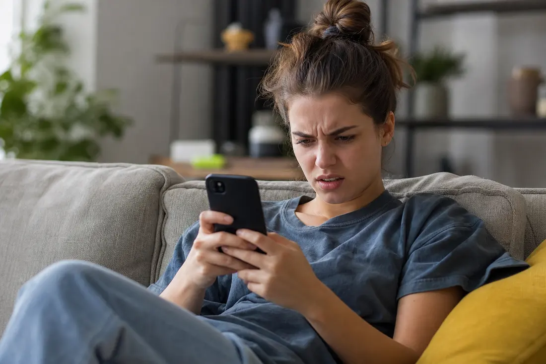 Jeune femme aux cheveux attachés, assise sur un canapé gris, les sourcils froncés devant son smartphone dans un salon lumineux