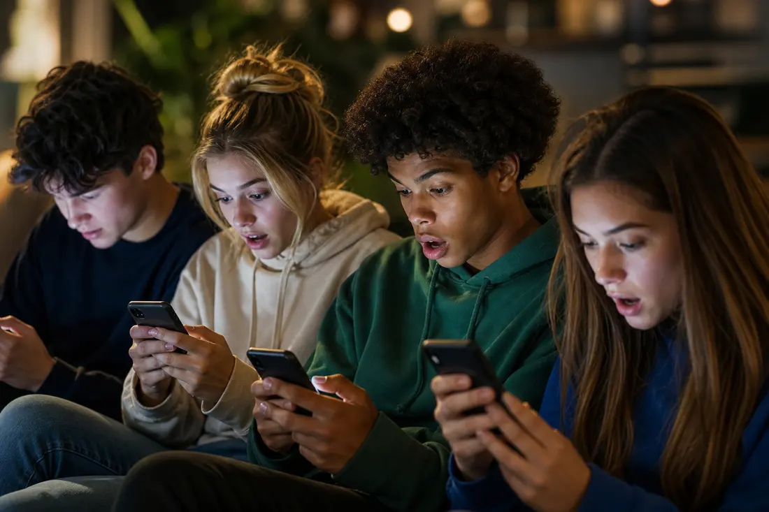 Quatre jeunes assis côte à côte sur un canapé dans la pénombre, le visage éclairé par leur smartphone, bouche ouverte de surprise