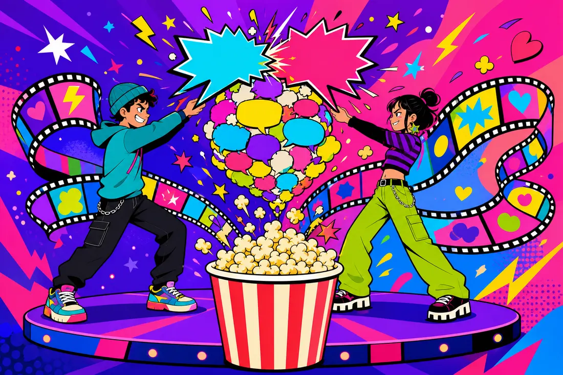 Illustration de deux jeunes qui se lancent des bulles de dispute vides, aspirées en pelote de commentaires se déroulant en bobine de film