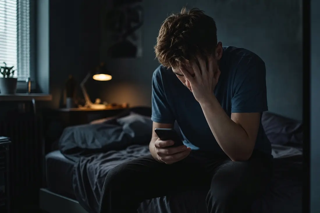 Jeune homme assis au bord d'un lit dans une chambre sombre, la tête dans une main et son smartphone allumé dans l'autre