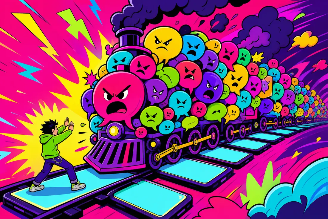Illustration d'une locomotive géante faite de bulles de commentaires furieux qui fonce sur un jeune minuscule, seul sur les rails