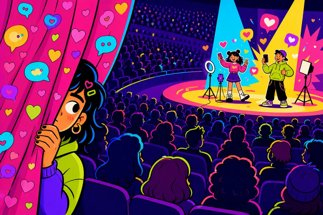 Illustration d'un jeune caché derrière un immense rideau de théâtre orné d'icônes de réseaux sociaux, observant une foule minuscule sur scène en train de publier