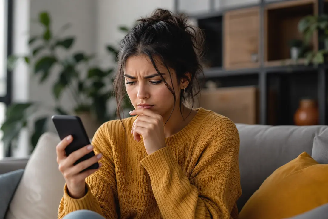 Jeune femme en pull moutarde assise sur un canapé, la main près du menton, l'air sceptique devant la vidéo qui tourne sur son smartphone