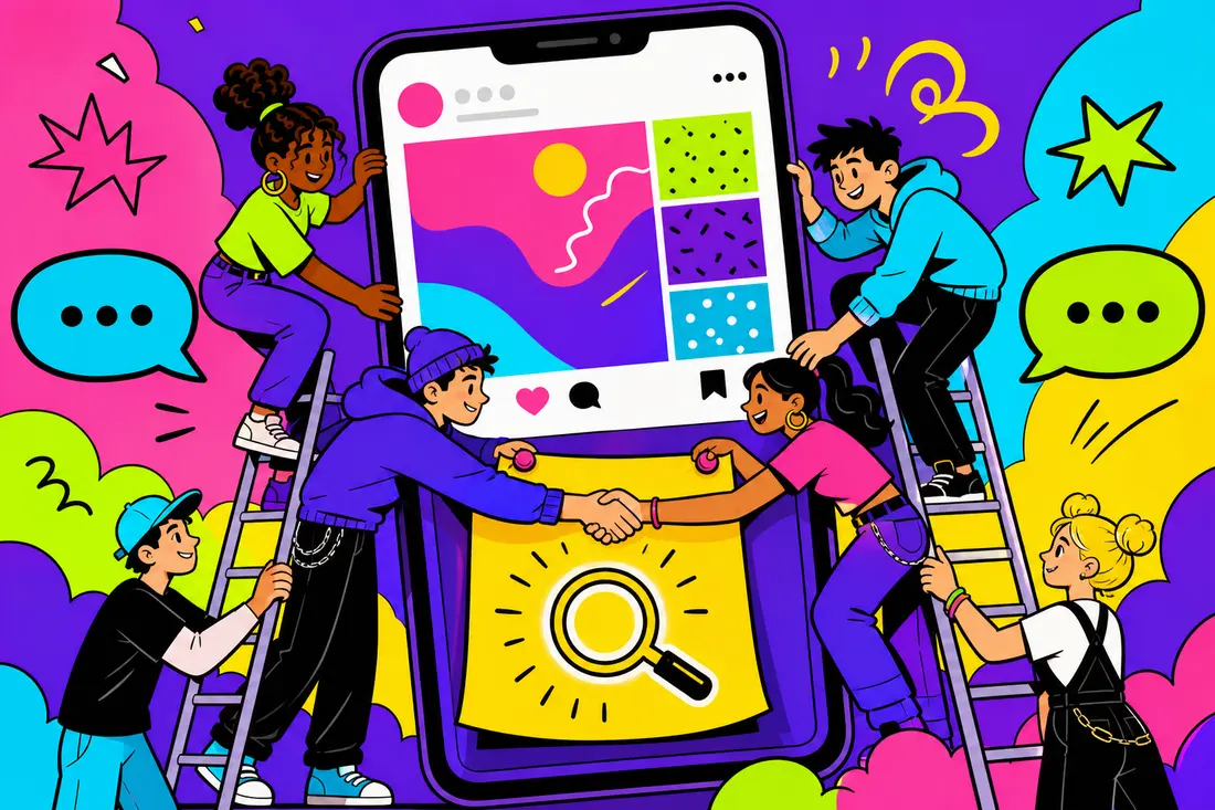 Illustration de jeunes sur des échelles qui fixent ensemble une note jaune avec une loupe sous un post géant de smartphone, deux d'entre eux se serrant la main