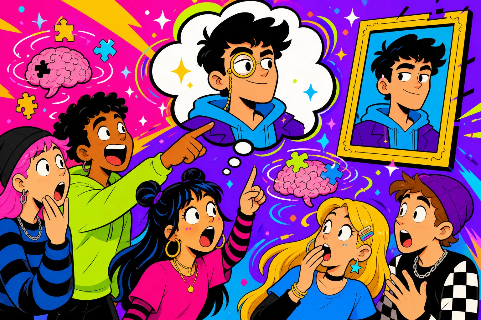 Illustration d'un groupe de jeunes stupéfaits qui pointent un souvenir d'un personnage à monocle, alors que le vrai portrait encadré montre le même personnage sans monocle