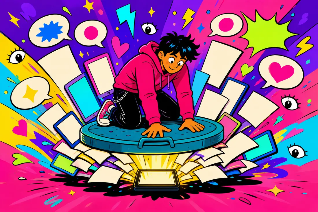 Illustration d'un jeune assis sur un couvercle géant pour étouffer un post, d'où s'échappent des dizaines de copies qui grossissent en s'envolant
