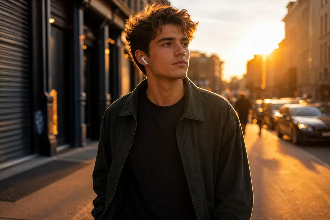 Jeune homme aux écouteurs marchant sur un trottoir en ville au coucher du soleil, le visage éclairé par la lumière dorée
