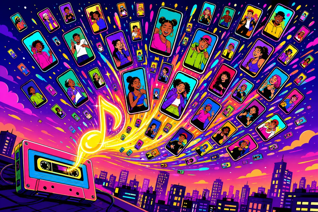 Illustration d'une note de musique lumineuse qui s'échappe d'une cassette et se démultiplie en centaines de téléphones montrant des jeunes qui dansent au-dessus d'une ville