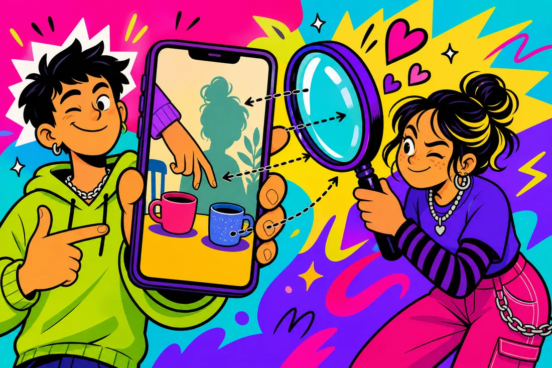 Illustration d'un jeune montrant sur son téléphone une photo sans visage, pendant qu'un autre en scrute les indices à la loupe