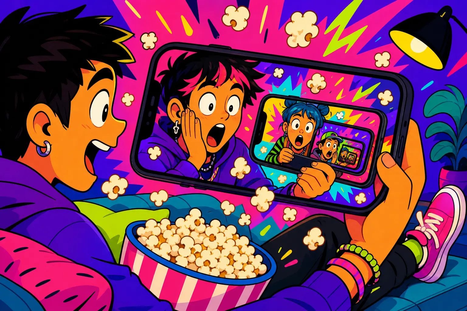 Illustration d'un jeune sur un canapé qui regarde sur son téléphone un créateur stupéfait, lui-même devant un écran où d'autres personnes réagissent, comme un tunnel de visages surpris