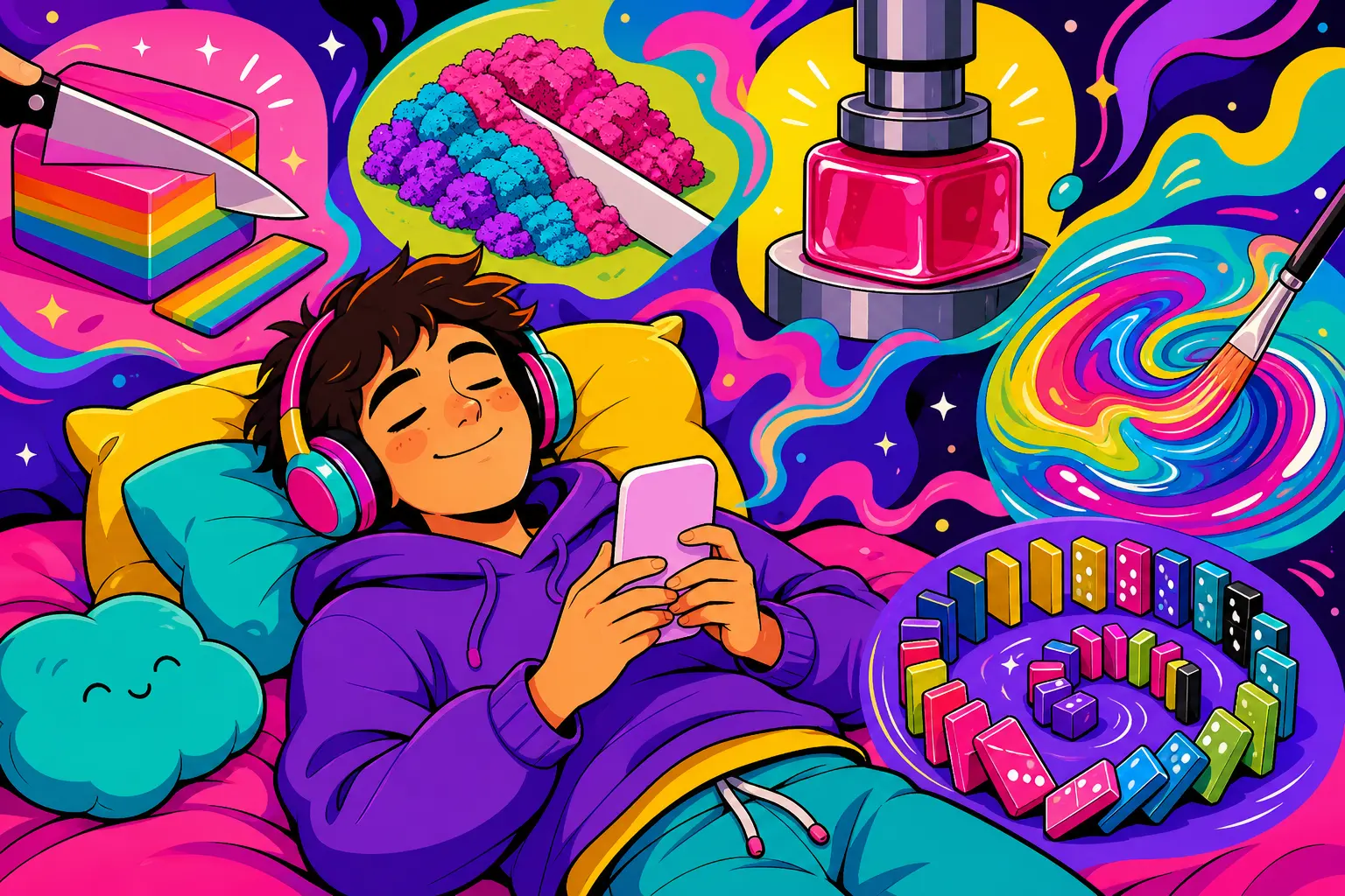 Illustration d'un jeune détendu allongé avec un casque et un téléphone, entouré de scènes hypnotiques : savon coupé, sable découpé, gelée pressée, peinture en spirale et dominos