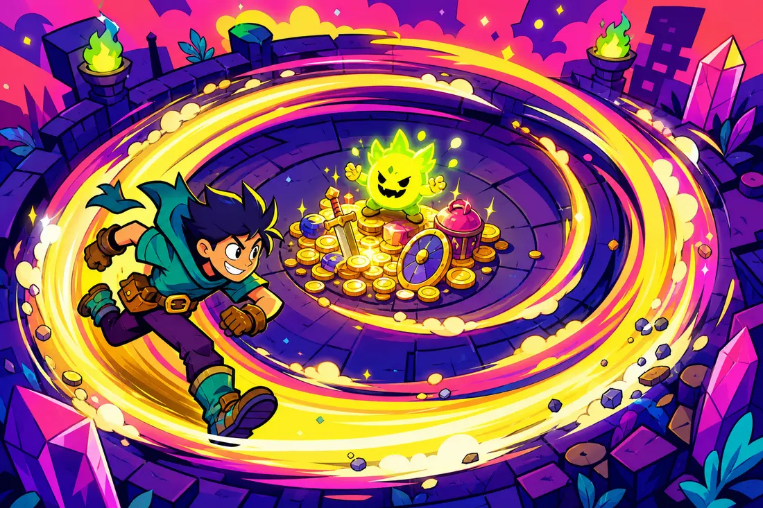 Illustration d'un personnage de jeu vidéo tournant en boucle autour d'un même petit monstre dans une arène circulaire, une traînée lumineuse en forme de spirale marquant les nombreux tours déjà effectués