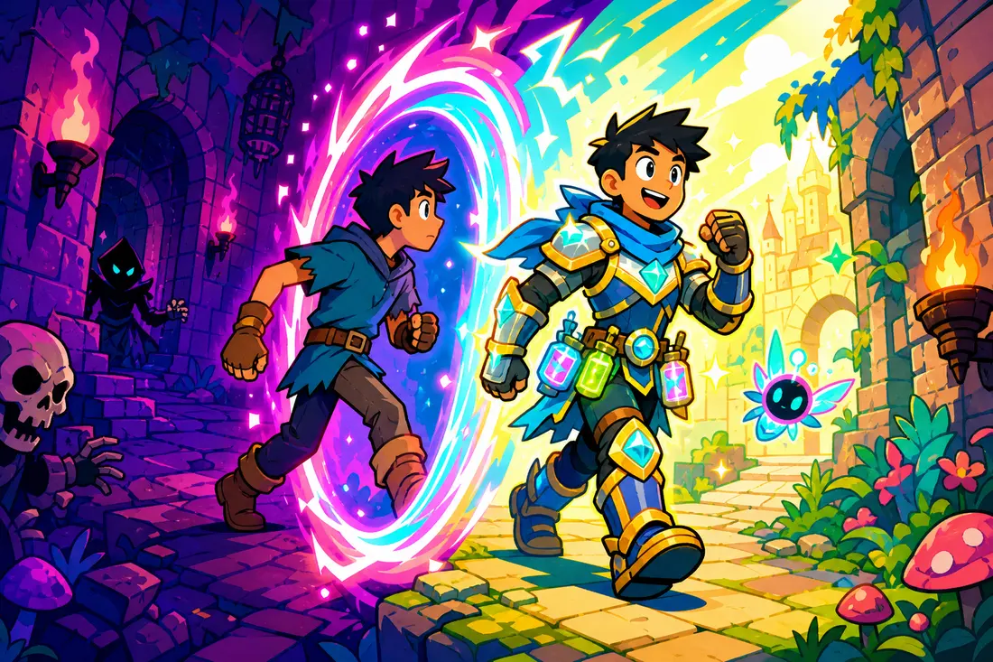 Illustration d'un personnage de jeu vidéo qui traverse un portail circulaire lumineux, ressortant de l'autre côté avec une armure plus brillante et des accessoires supplémentaires accrochés à sa ceinture
