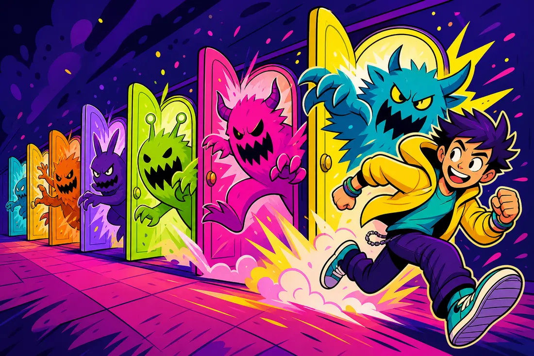 Illustration d'un personnage de jeu vidéo courant sur une ligne de portes géantes qui s'ouvrent une à une, chacune révélant la silhouette lumineuse d'un monstre différent prêt à surgir