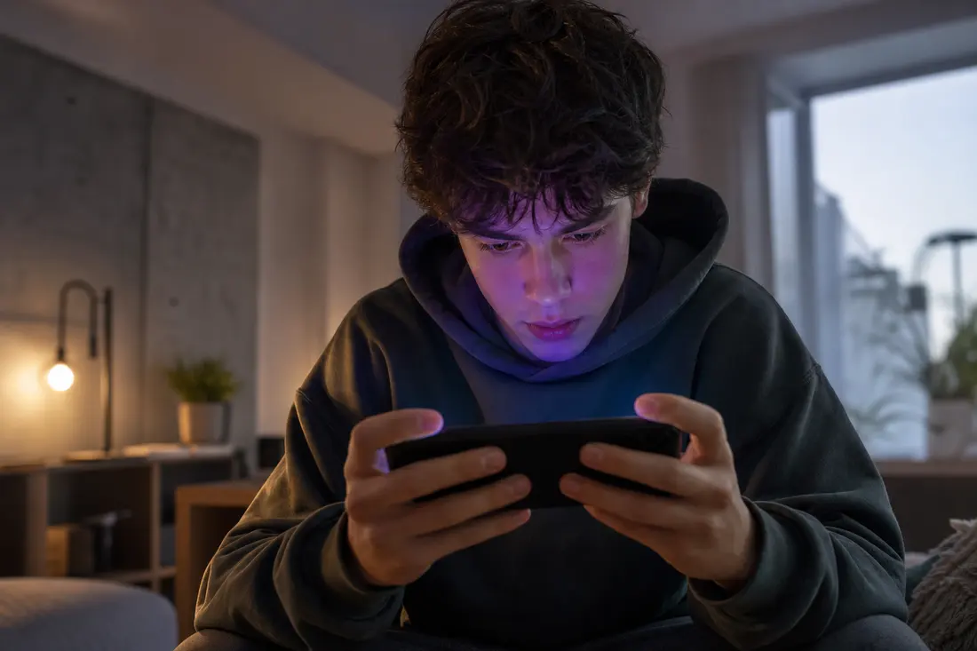 Adolescent en sweat à capuche, seul le soir dans un salon sombre, absorbé par son smartphone tenu à deux mains, le visage éclairé en violet