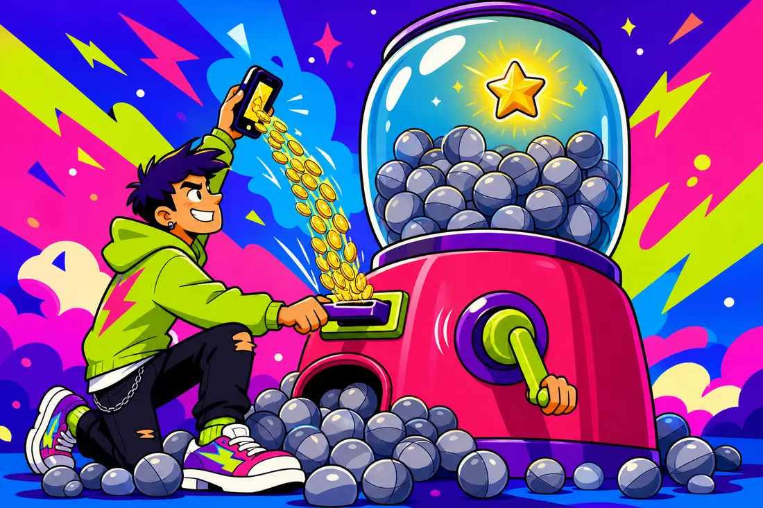 Illustration d'un jeune joueur tournant la manivelle d'un distributeur à capsules géant, noyé sous les capsules grises, une capsule dorée hors de portée