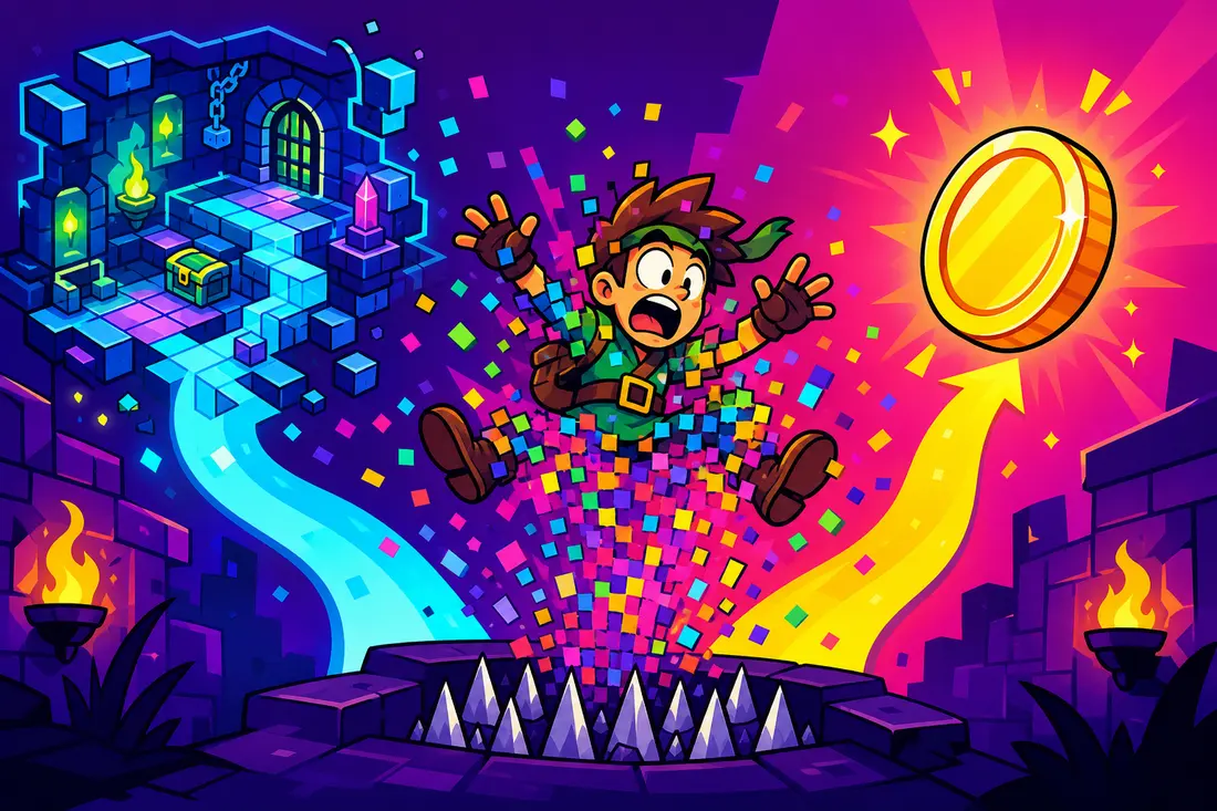 Illustration d'un personnage de jeu vidéo qui explose en éclats colorés après une mort, avec d'un côté un donjon qui se reconstruit totalement différent et de l'autre une petite pépite dorée qui reste flottante