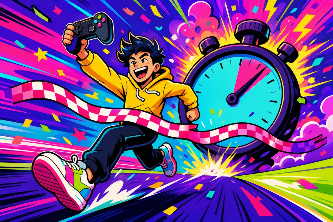 Illustration d'un joueur en pleine action franchissant une ligne d'arrivée en éclair, un chronomètre géant explosant de vitesse derrière lui