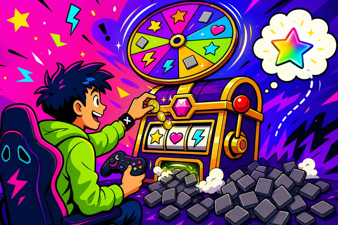 Illustration d'un jeune joueur manette en main face à un coffre-machine à sous géant qui recrache des objets communs et une seule étoile rare