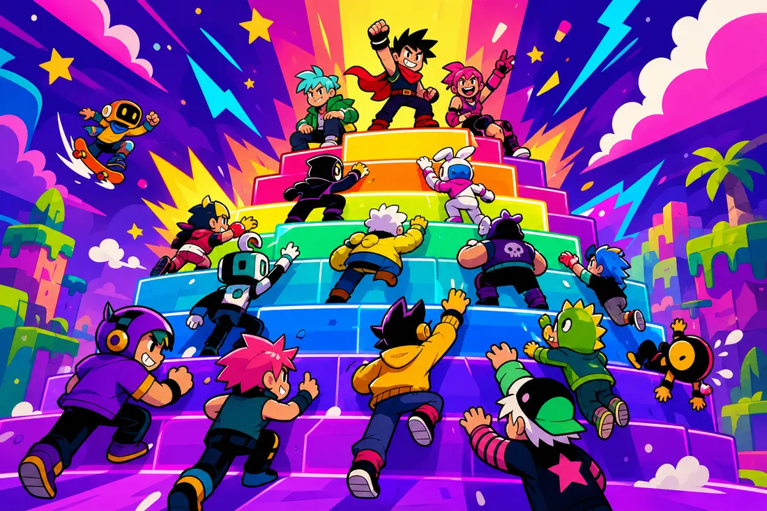 Illustration d'un escalier géant à plusieurs marches colorées où des personnages de jeu vidéo cartoon grimpent ou se disputent leur place, les meilleurs tout en haut et les moins forts tout en bas