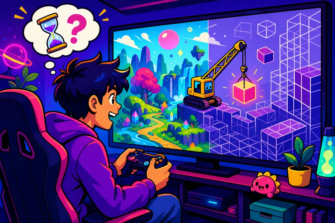 Illustration d'un jeune joueur manette en main face a un ecran ou le monde du jeu est a moitie construit, entre paysage colore et echafaudages