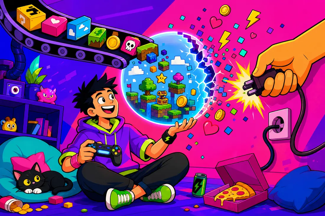 Illustration d'un jeune joueur tenant un monde de jeu flottant alimenté sans cesse, qu'une main géante fait éclater en débranchant la prise