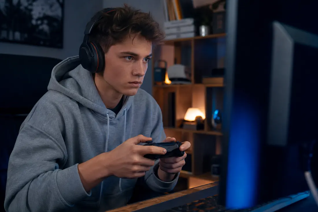 Jeune joueur casque audio sur les oreilles et manette en main, penché vers son écran dans une chambre gaming à la lumière bleutée