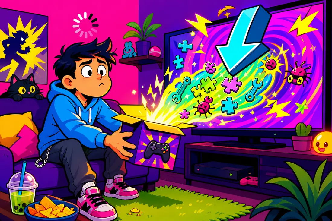 Illustration d'un joueur dépité sur son canapé tenant une boîte de jeu dans laquelle la télé déverse une énorme flèche de téléchargement, des pièces de puzzle et des clés