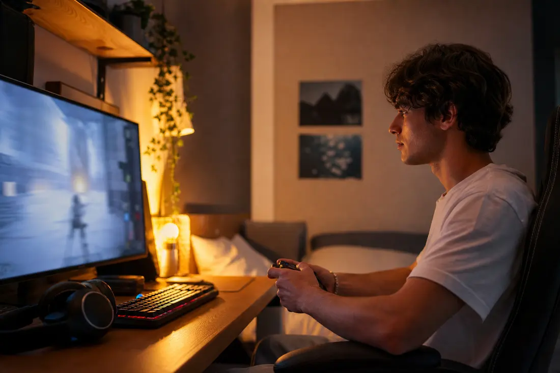 Jeune homme en t-shirt blanc, manette en main, joue devant un écran dans une chambre éclairée par une lampe chaude, clavier et casque sur le bureau