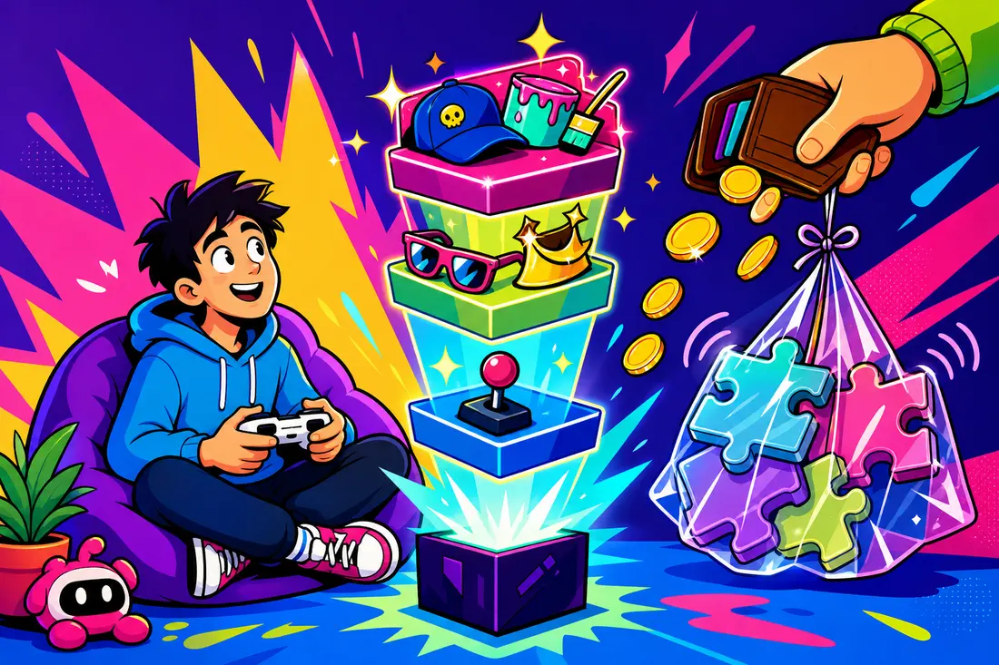 Illustration d'un jeune joueur face à un jeu qui se découpe en trois éditions superposées, pendant qu'une main agite des contenus encore emballés