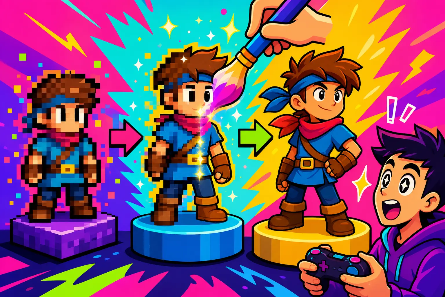 Illustration de trois versions d'un même héros de jeu vidéo sur des socles, de la version pixelisée à la version moderne redessinée, devant un joueur émerveillé