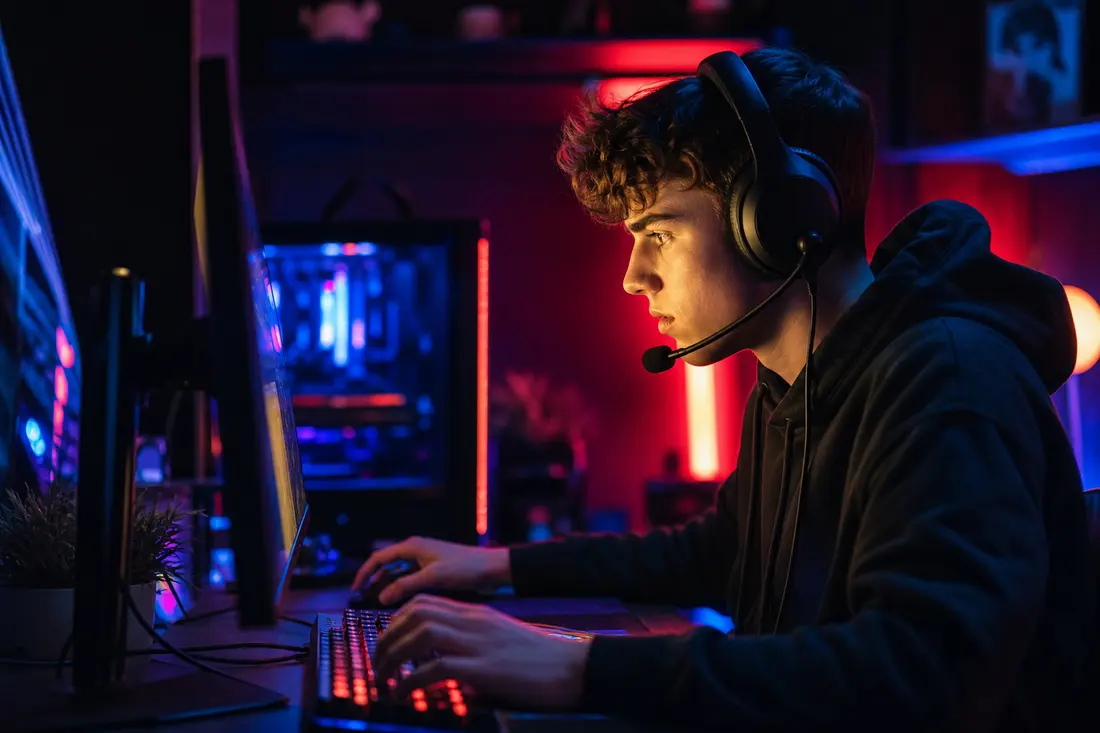 Jeune joueur en sweat à capuche et casque-micro, très concentré devant son PC, dans une chambre baignée de néons rouges et bleus