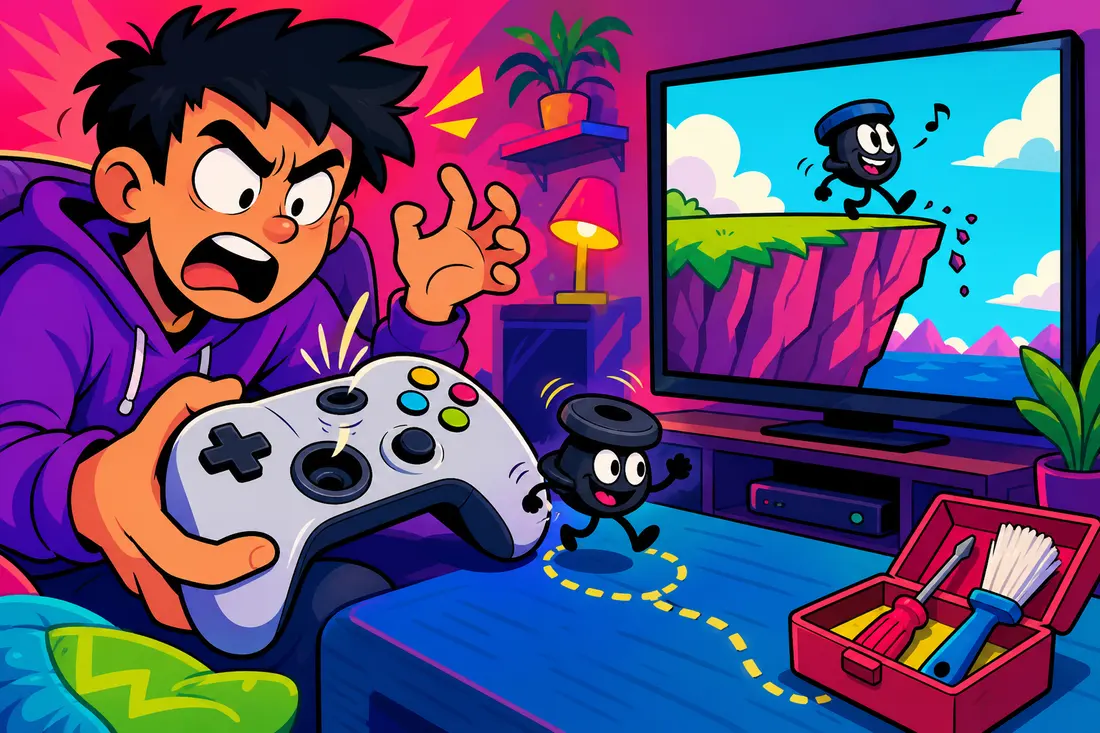 Illustration d'un joueur furieux dont le joystick de manette s'enfuit en petit personnage, pendant qu'à l'écran un héros marche seul vers le bord d'une falaise