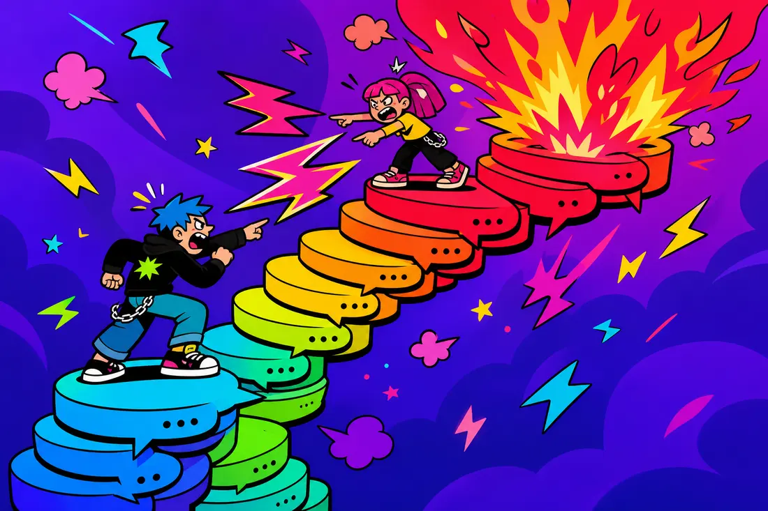 Illustration d'un fil de commentaires qui grimpe comme un escalier en spirale, de plus en plus rouge et enflammé, jusqu'à une case finale marquée d'un point d'exclamation géant