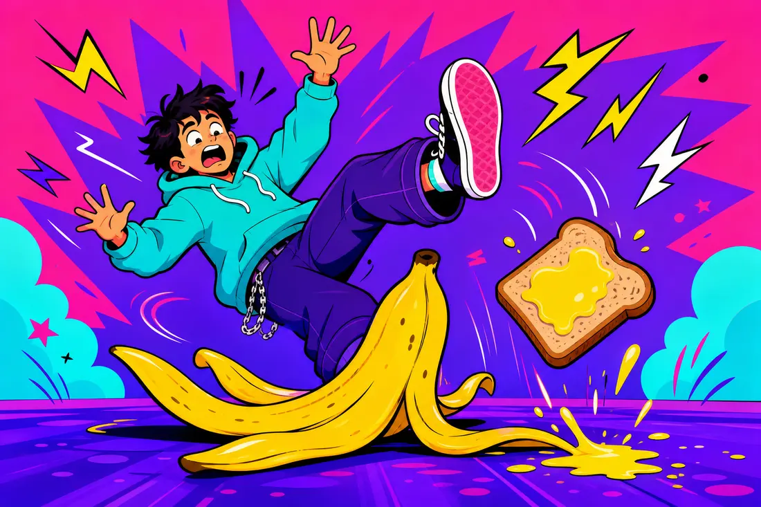 Illustration d'un jeune qui glisse sur une peau de banane géante pile au moment où une tartine tombe du côté beurré à côté de lui, entouré de petits éclairs de malchance qui tourbillonnent dans les airs