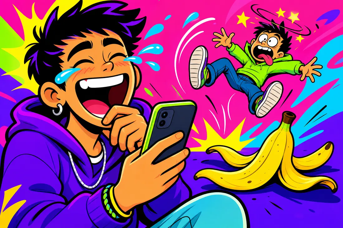 Illustration d'un jeune riant aux éclats devant son téléphone pendant qu'en arrière-plan un personnage cartoon glisse sur une peau de banane géante