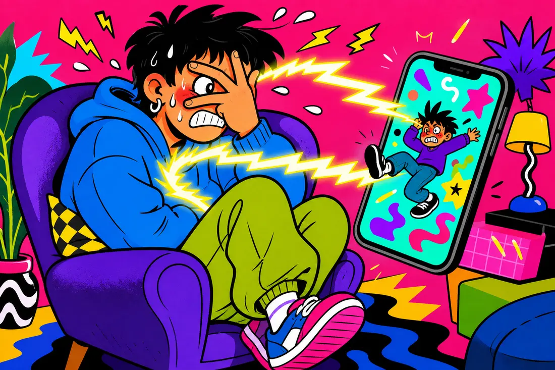 Illustration d'un jeune qui se cache les yeux devant un téléphone, un rayon relie la scène gênante de l'écran à son propre visage rouge de malaise