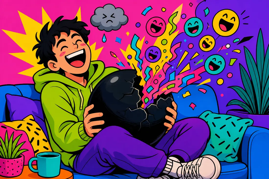 Illustration d'un jeune hilare serrant une boule noire fissurée qui crache des confettis, un petit nuage d'orage gêné au-dessus de l'épaule