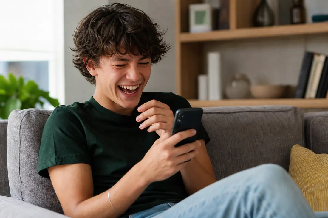 Jeune homme aux cheveux bouclés en t-shirt vert foncé, éclatant de rire devant son smartphone, assis sur un canapé gris dans un salon lumineux