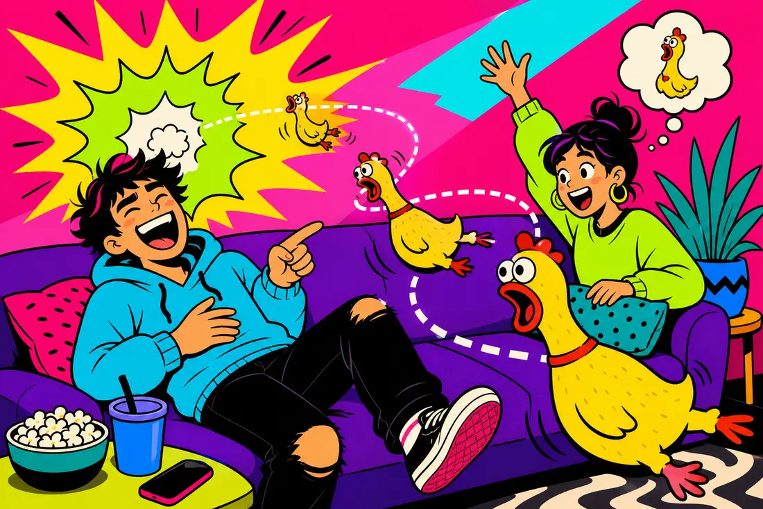 Illustration : un objet comique revient trois fois vers deux jeunes hilares sur un canapé, chaque retour déclenchant un éclat de rire plus grand