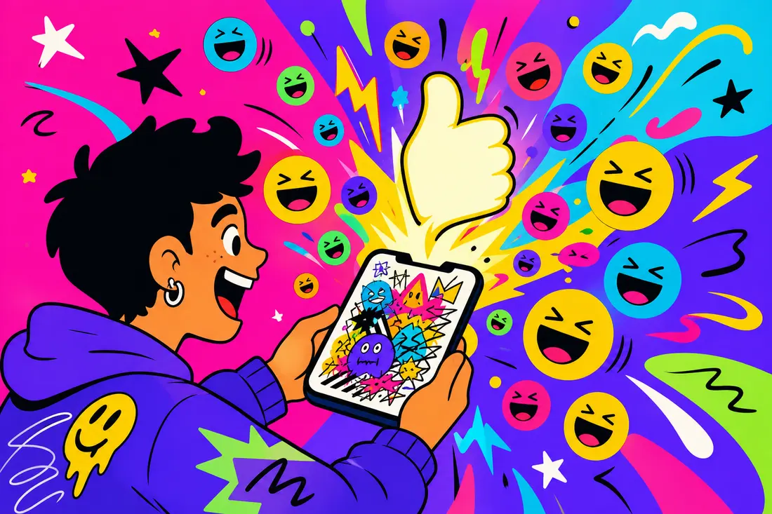 Illustration d'un jeune publiant depuis son téléphone une image volontairement bâclée et absurde, entourée de formes qui se chevauchent maladroitement et d'un pouce levé géant qui explose de rires colorés