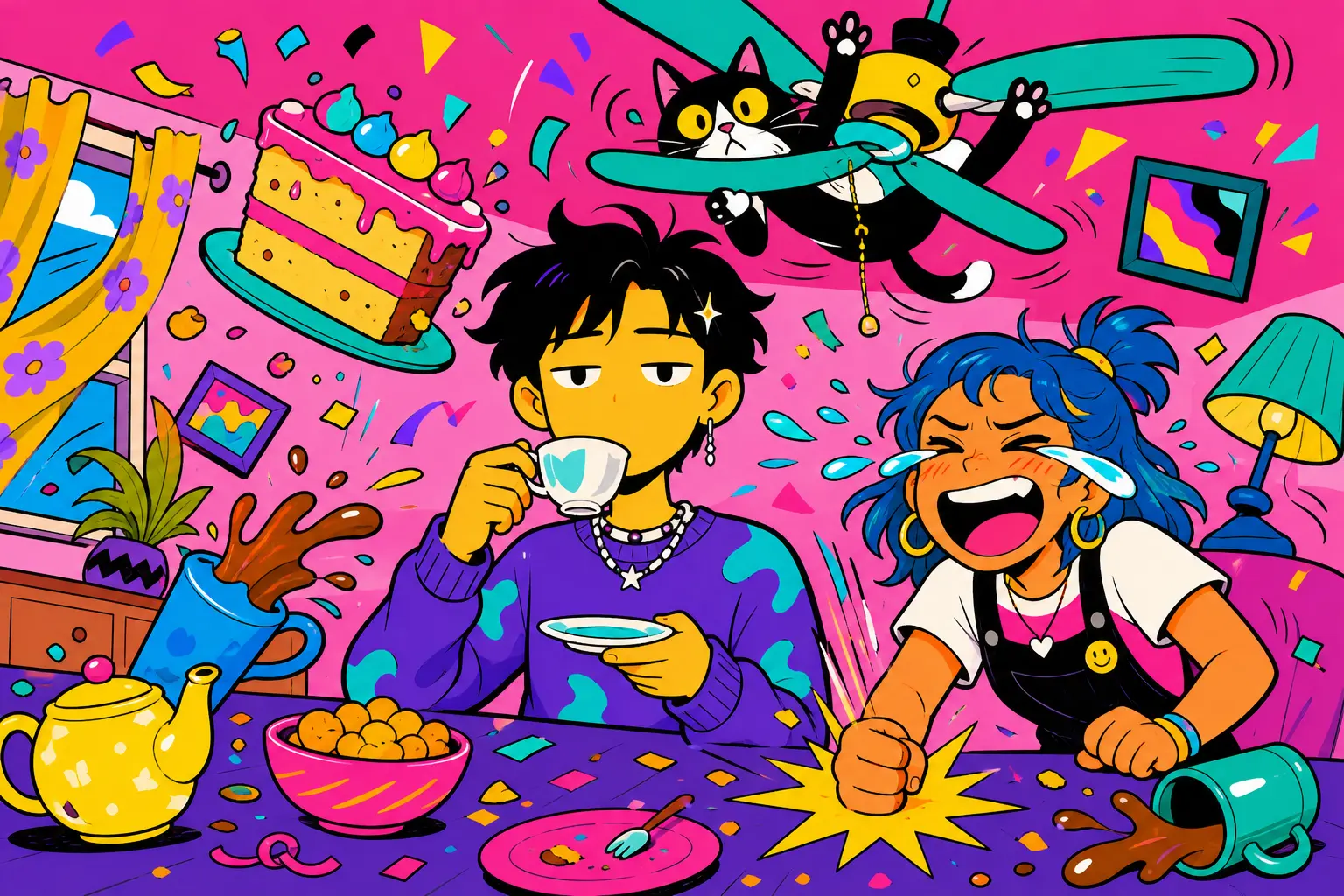 Illustration d'un jeune au visage totalement impassible qui sirote son thé au milieu du chaos, gâteau volant et chat sur le ventilateur, pendant que son amie pleure de rire