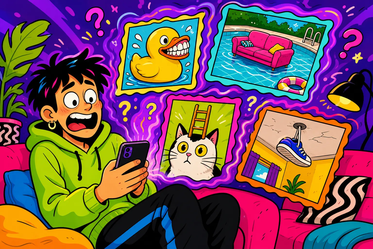 Illustration d'un jeune horrifié mais amusé devant son téléphone, d'où flottent des images bizarres : canard avec des dents, canapé dans une piscine, chaussure au plafond
