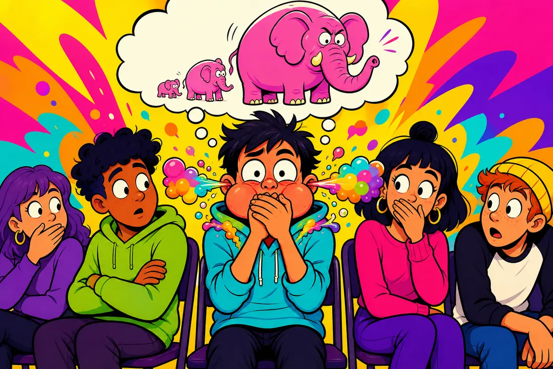 Illustration d'un jeune aux mains plaquées sur la bouche et aux joues gonflées, vapeur aux oreilles et éléphant rose en bulle de pensée
