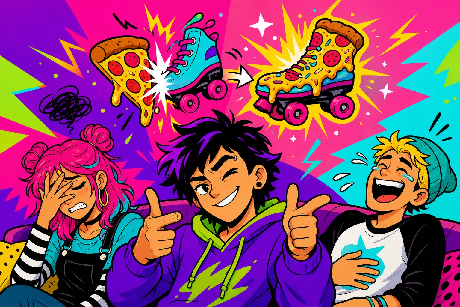 Illustration d'un jeune fier qui fait un clin d'œil et pointe ses doigts, sous une part de pizza et un roller qui fusionnent, entre une amie dépitée et un ami hilare