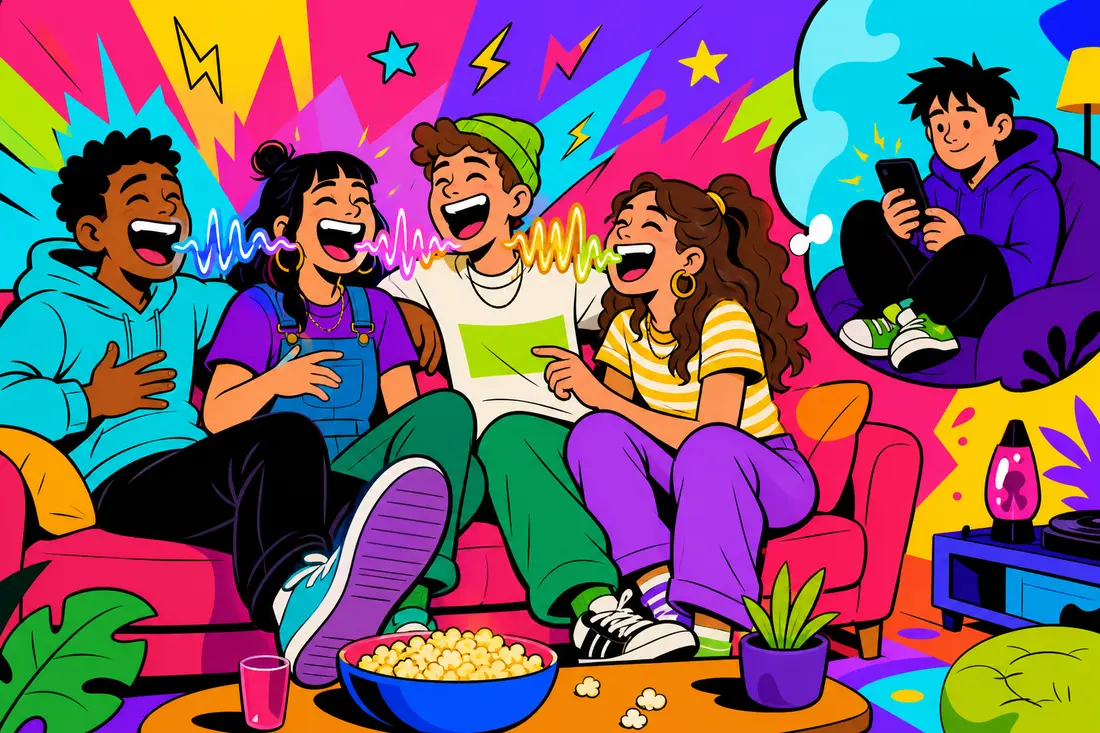 Illustration de quatre amis hilares sur un canapé, reliés par des ondes sonores colorées, tandis qu'un jeune seul avec son téléphone esquisse à peine un sourire