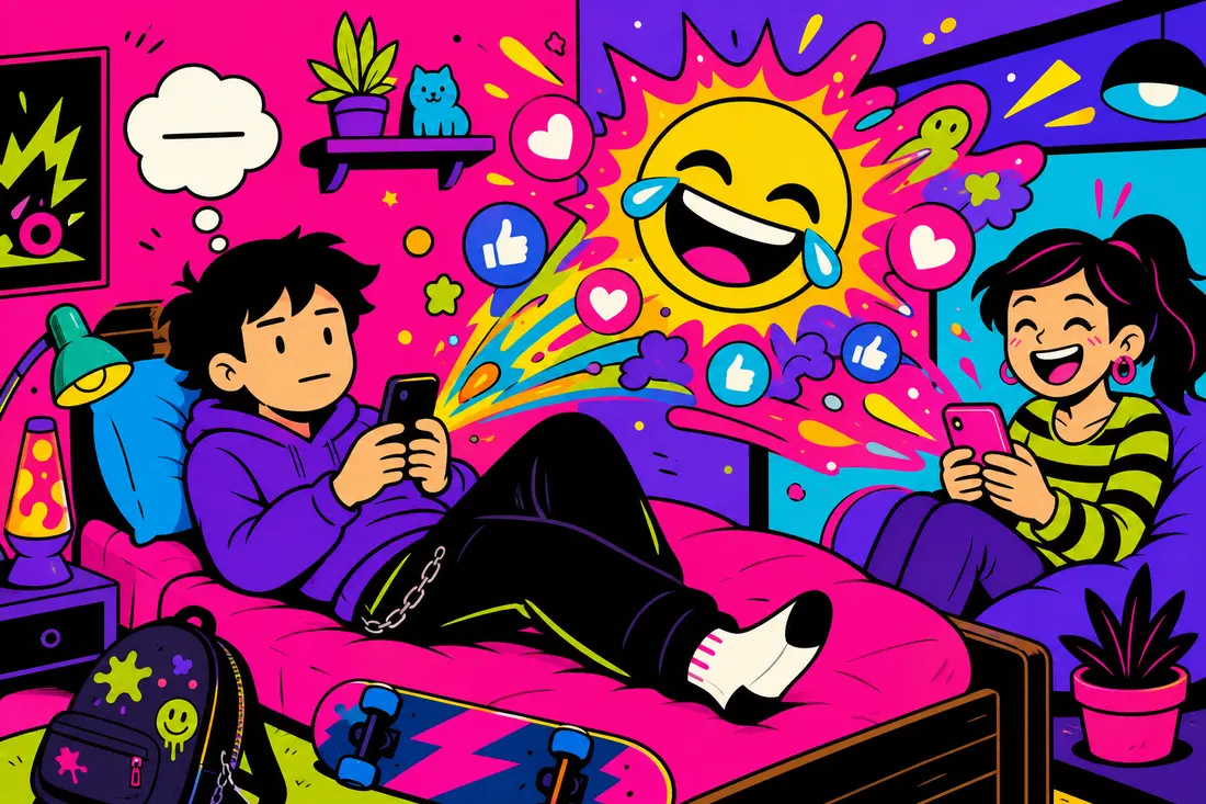 Illustration d'un jeune au visage impassible qui écrit sur son téléphone, d'où jaillit un énorme émoji hilare vers une amie qui rit aux éclats