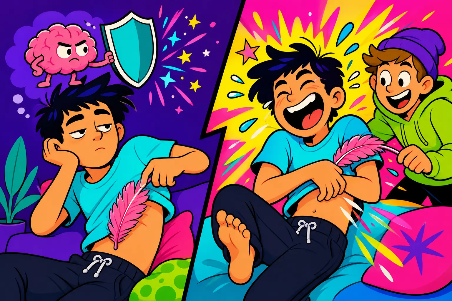 Illustration en deux parties : un jeune qui s'ennuie en se chatouillant avec une plume, protégé par un petit cerveau à bouclier, puis le même hilare quand un ami le chatouille
