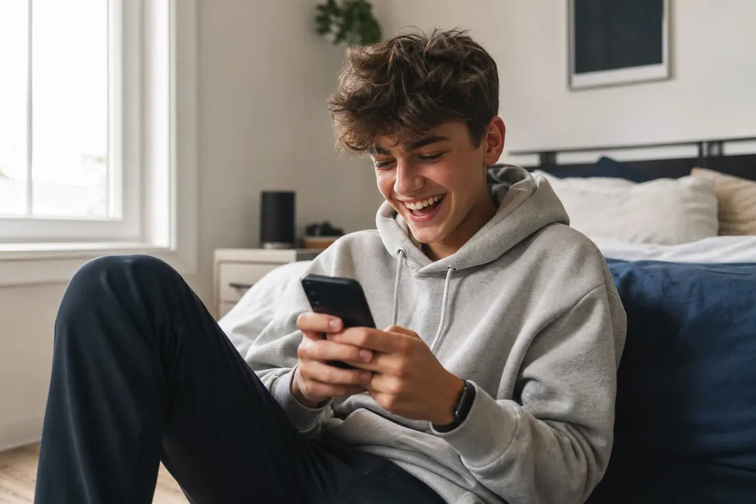 Un adolescent en sweat gris, assis par terre contre son lit dans une chambre lumineuse, éclate de rire devant l'écran de son téléphone